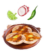 Tacos al pastor. Ilustracion de comida tipicia mexicana en estilo de pintura, sobre plato de barro