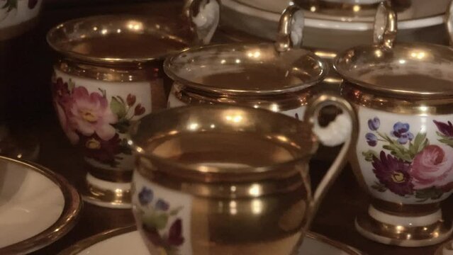 Antique porcelain tea service. Tea set close up.