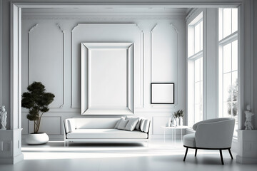 3d illustration of empty frame wall white modern interior living room white colors - Generative AI