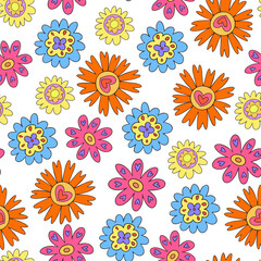 Fototapeta na wymiar Decorative vibrant retro floral seamless pattern. Pattern with primitive colorful retro vintage flowers 1970