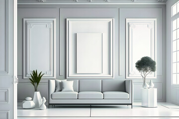 3d illustration of empty frame wall white modern interior living room white colors - Generative AI