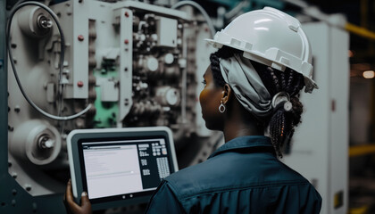 Fototapeta premium Engineer in a modern factory. Industry 4.0 machine maintenance. generative AI