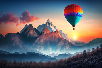 colorful hot air balloon at sunrise in the mountains