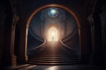une silhouette s'apprête à franchir les portes du paradis, forte lumière blanche en haut d'un escalier - illustration ia