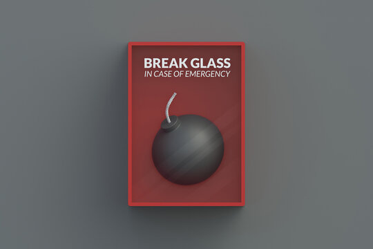 Bomb in red emergency box on gray wall. 3d render