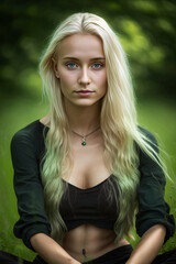 Naklejka premium Swedish woman sitting outside in the garden. Generative ai