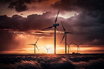 Wind farm at sunset, renewable energy, green energy. Generative AI