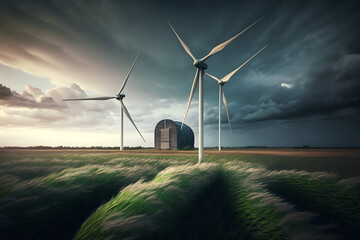 Renewable wind farm on the field, renewable energy, green energy. Generative AI