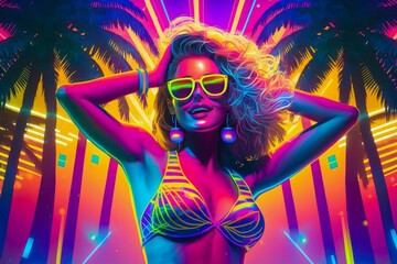 Attractive girl in bikini clubbing at the hot summer dance party. Neon light. Palm trees on background. Vacation nightlife.