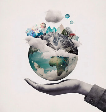 Hand holding a globe, Art Collage, Photo Collage, Generative AI