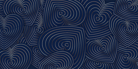 luminous heart dark blue and gold color for illusory background. Blue and gold luxury pattern background. Abstract circle overlapping pattern design with shadow.