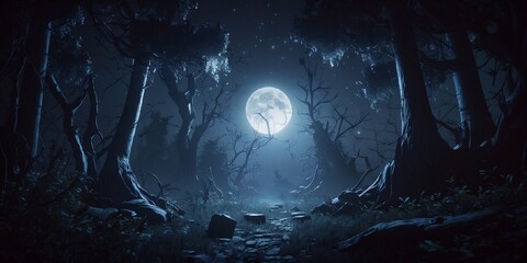 forêt sombre et mystérieuse, avec la lumière de la lune -  format panoramique - illustration ia - obrazy, fototapety, plakaty