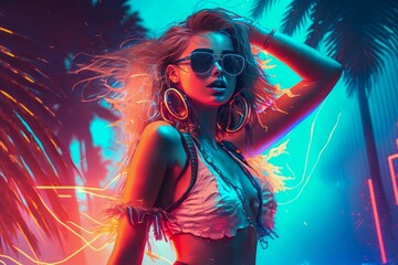 Attractive girl in bikini clubbing at the hot summer dance party. Neon light. Palm trees on background. Vacation nightlife. - obrazy, fototapety, plakaty