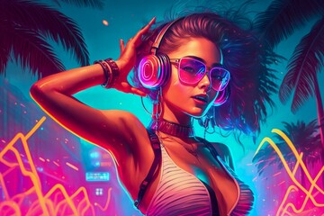 Attractive girl with headphones clubbing at the dance party. Neon light. Bikini. Neon light. Palm trees on background. Hot summer vacation nightlife.  - obrazy, fototapety, plakaty