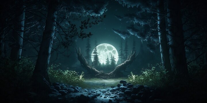 for&ecirc;t sombre et myst&eacute;rieuse, avec la lumi&egrave;re de la lune -  format panoramique - illustration ia