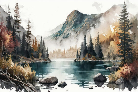 Mountain forests and a lake are depicted in a watercolor (Generative AI)
