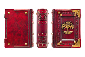 Aged red leather book with the tree of life in the center of the front cover. The cover is...