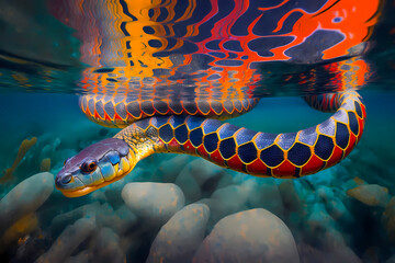 illustration of a colorful tropical snake in the sea, created with generative ai - obrazy, fototapety, plakaty