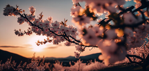 Fototapeta premium A Delicate Dance: Cherry Blossoms Swaying in the Evening Breeze , generated by IA