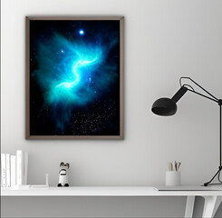 Abstract  space galaxy picture in frame on the wall in business corner with white table, lamp and books, pens. Easy editable illustration for display product, advertisement, wallpaper, websites