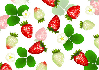 Background of colorful strawberry fruits with flowers and leaves