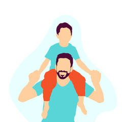 Happy Father's Day. Dad with son in his shoulders. Father's Day greeting card. Vector illustration in flat style