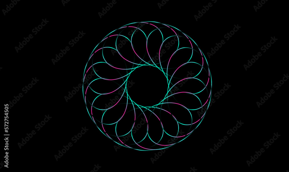 Leinwandbilder Abstract circle frame vector design element by colorful rotate pattern in trendy retro psychedelic style, 3d spiral light line glitch effect isolated on black background. Vector illustration