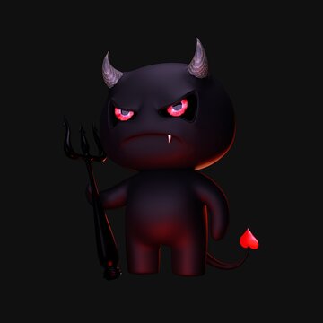 3D devil emoticon face with heart tail and pitchfork  on black. Realistic render halloween horror character visualization. Scary demon with teeth. Mascot with horns. 3d rendering Cute Monster smiled.