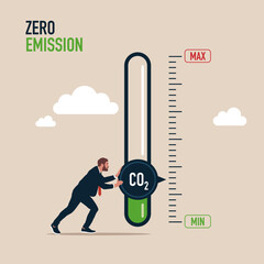 Man turning gauge arrow pointer to lowest level of CO2. New energy to energy and transportation. Zero emission. Modern vector illustration in flat style  - obrazy, fototapety, plakaty