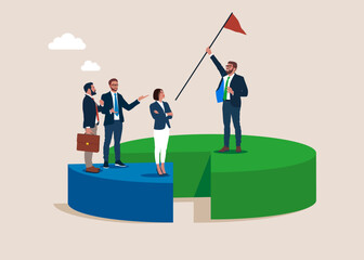 Success businessman holding flag standing on pie chart win over competitors. Business winning market share, earn high percentage of product sale.  Modern vector illustration in flat style 