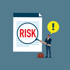 Man with magnifier monitor and investigate incident with exclamation mark. Root cause analysis and solving problems, risk analysis assessment. Modern vector illustration in flat style 