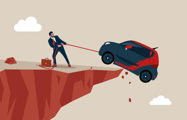 Man trying to save his car. Financial problems of debt or loan. Modern vector illustration in flat style 