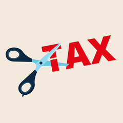 Scissors cutting big TAX. Reduce Tax Business concept. Modern vector illustration in flat style 