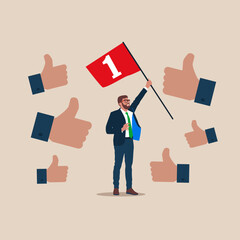 People like and give a thumbs up to businessman who holding number one flag of victory. Modern vector illustration in flat style