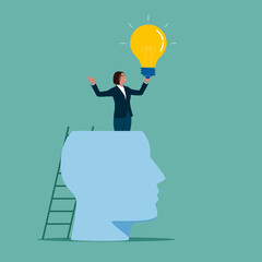 Woman with new illumination lightbulb idea. Creativity to create different business idea or motivation and innovation, think outside the box.  Flat vector illustration.