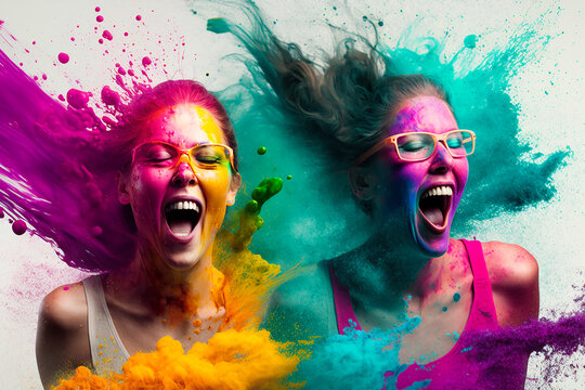Happy young woman enjoying colorful Holy powder splash. AI generated image