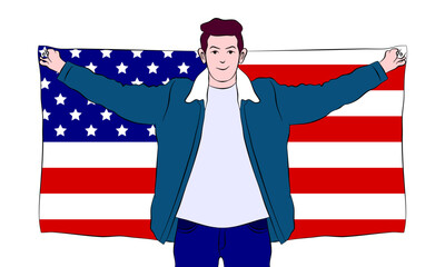 Happy man holding American flag illustration