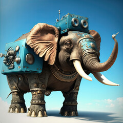 Antique robot elephant made of bronze. Fighting robot of ancient Rome flies through the sky. Fanatsy AI generated steampunk machine - 572755177