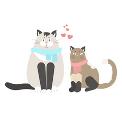 Couple of funny cats in love, pets vector illustration isolated. Siamese cats