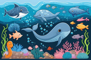 underwater illustration and life. the beauty of marine life. fish, algae and coral reefs are beautiful and colorful, ai