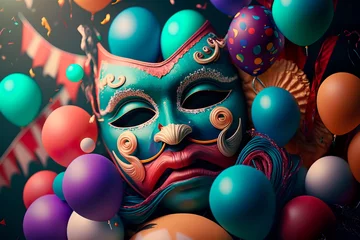 Abwaschbare Fototapete Karneval Colorful background carnival festival mask and balloon Generative AI