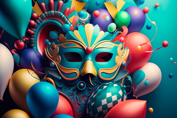 Colorful background carnival festival mask and balloon Generative AI