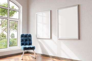mock up poster frames in modern home interior with wooden parquet floor and single design chair in front of large window; 3D Illustration