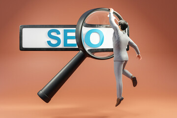 floating search box with businessman hanging on large magnifying glass concept for websearch seo search engine optimization; orange background; artificial intelligence; 3D Illustration