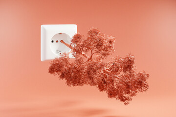 large tree growing out of single white power socket floating in the air over infinite orange colored background; concept renewable energy and sustainability; 3D Illustration