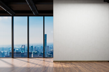 large office with blank white wall and copy space in front of panoramic window skyline view, wooden parquet floor; 3D Illustration