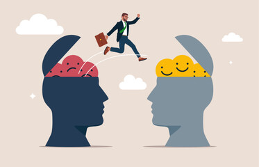 Businessman change their attitude from negative to positive. Modern vector illustration in flat style.