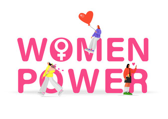 Women Power banner with girls in flat style. Women Power text isolated on a white background.