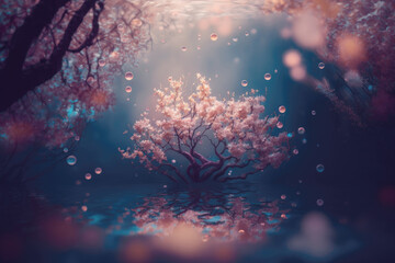 Fototapeta premium surreal cherry blossom tree art with soap bubbles, Generative AI