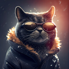 chic cat charisma wearing coat, wearing sunglasses, funny, fashion, pic as wallpaper, poster, t shirt and others